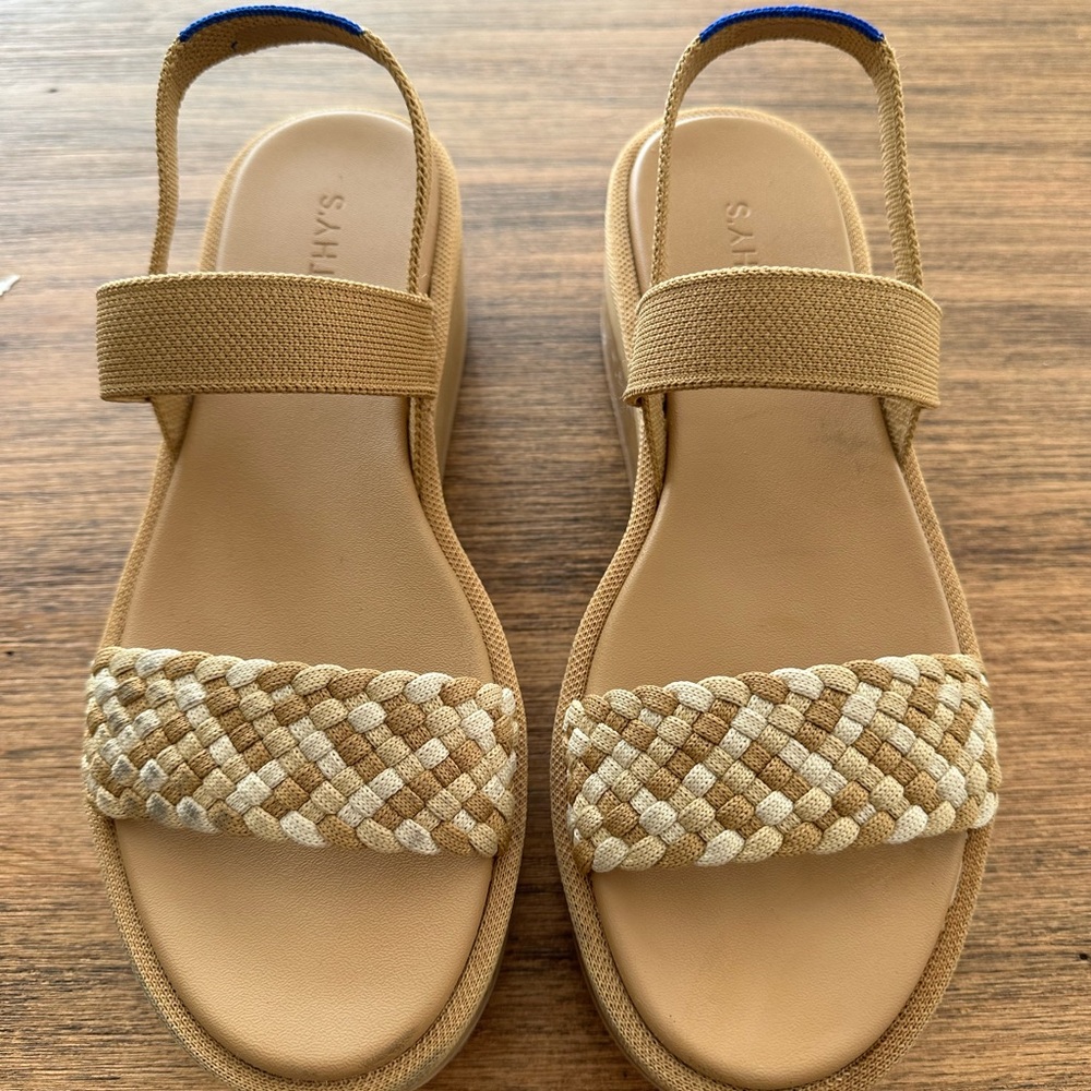 Rothy's Tan and Cream Woven Sandals